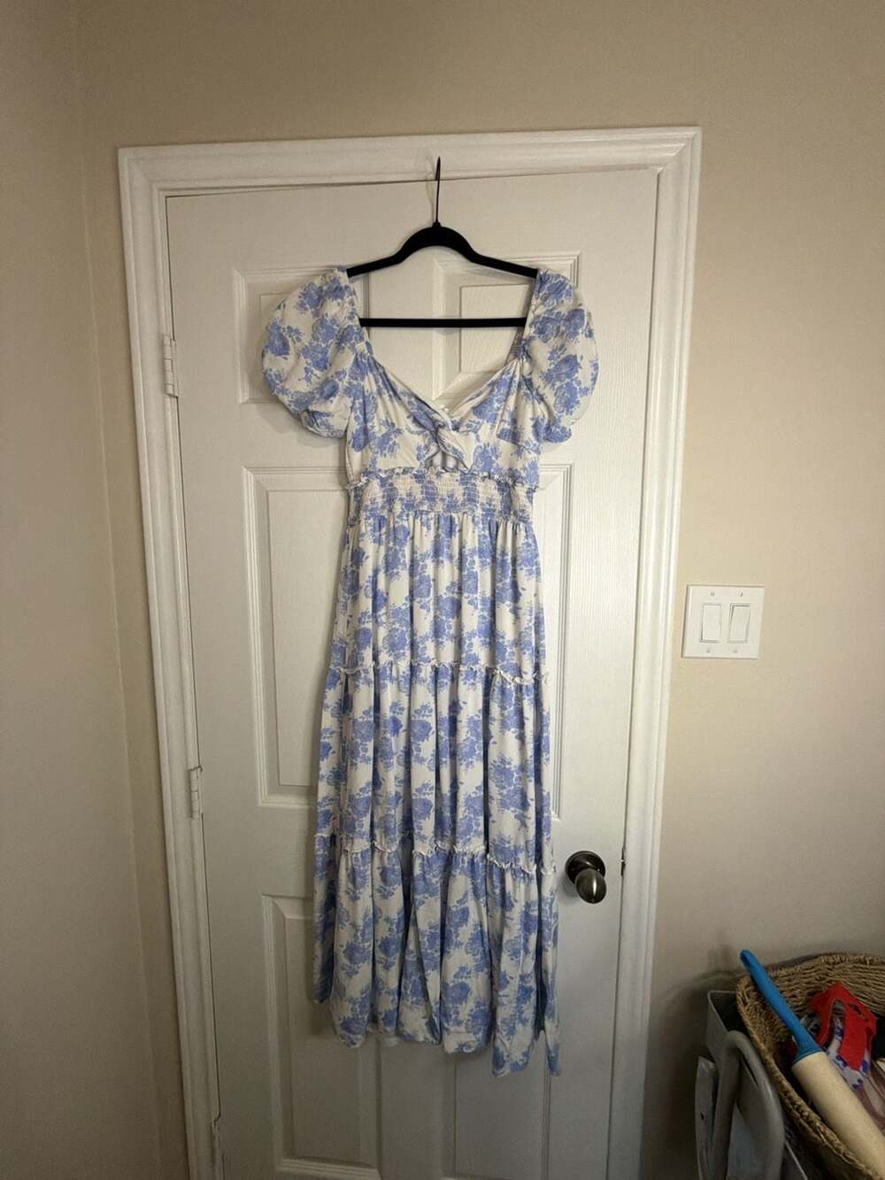 Altar'd State Blue Floral Maxi Dress Size S Puff Sleeve Tiered Ruffle Smocked